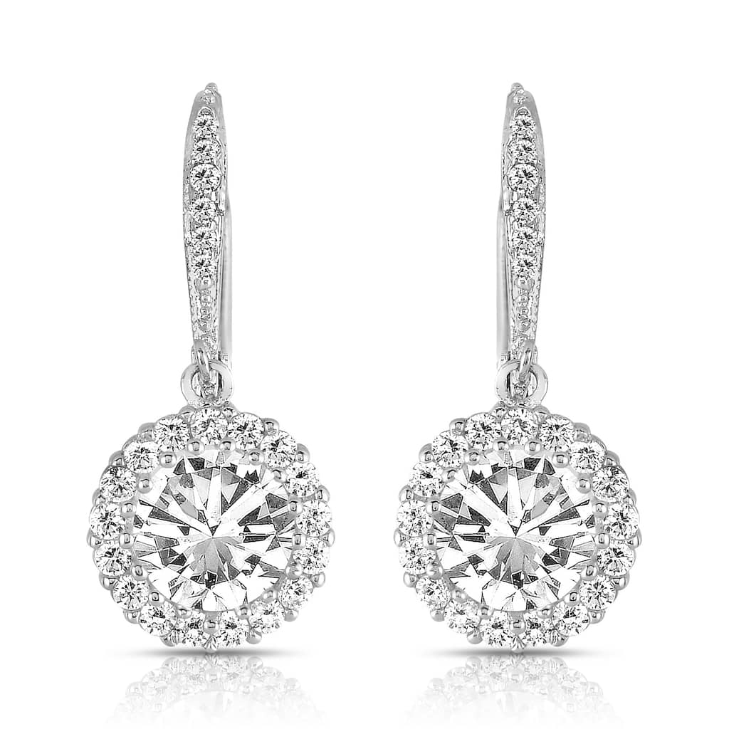 Collette Z Sterling Silver Round-cut Cubic Zirconia Halo Drop Earrings