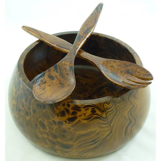 Handmade Classic Mango-Wood Serving Bowl with Salad Severs (Thailand)