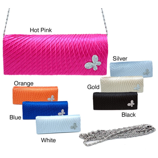 Dasein Rhinestone Butterfly Ornament Pleated Satin Clutch