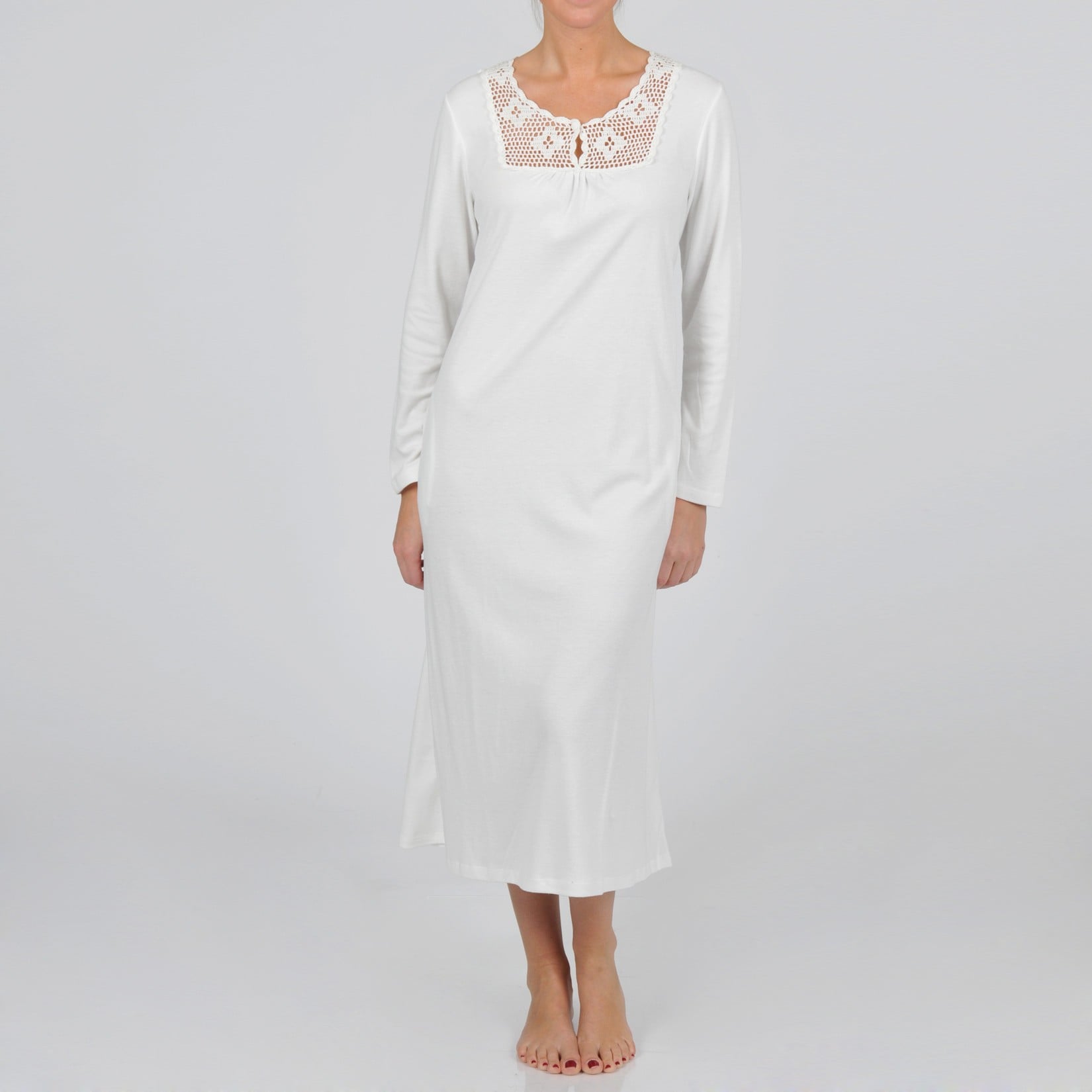 La Cera La Cera Womens Plus Size Long Sleeve Crochet Yoke Nightgown Ivory Size 1X (14W  16W)