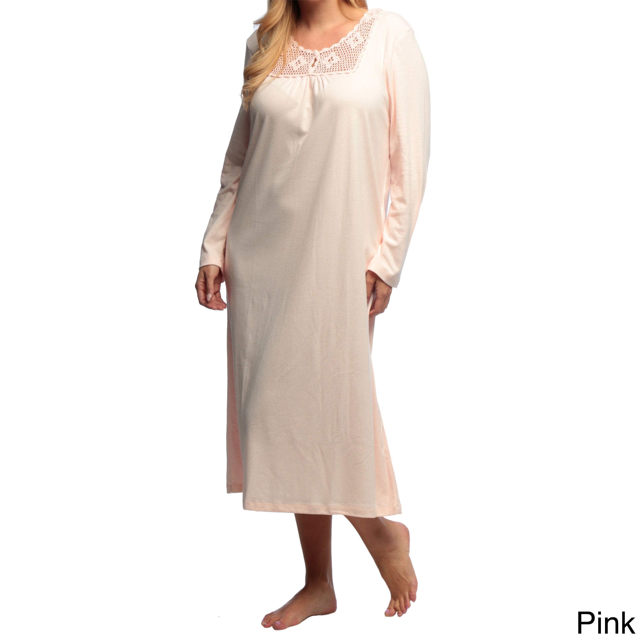 La Cera La Cera Womens Plus Size Long Sleeve Crochet Yoke Nightgown Pink Size 1X (14W  16W)