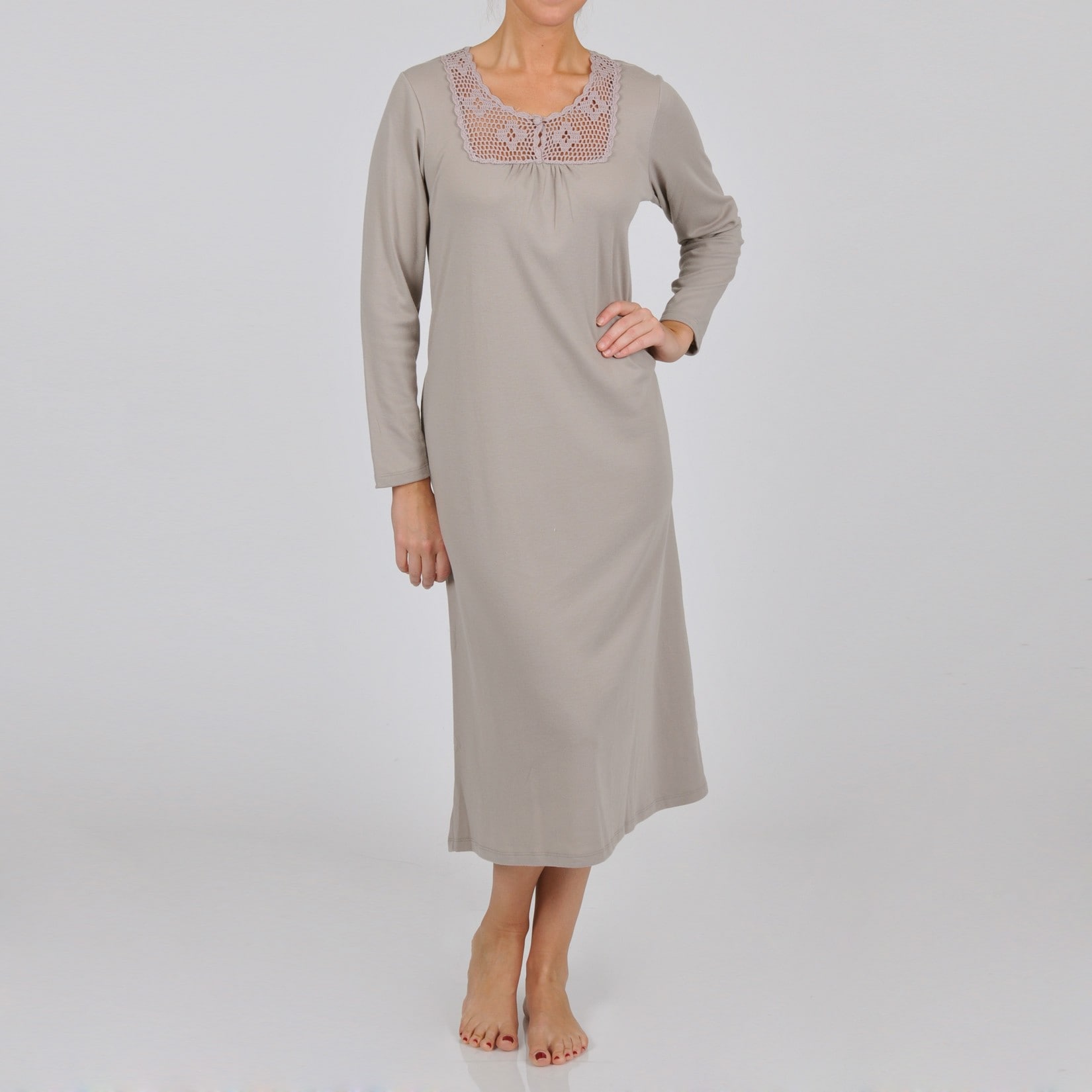 La Cera La Cera Womens Plus Size Long Sleeve Crochet Yoke Nightgown Ivory Size 1X (14W  16W)