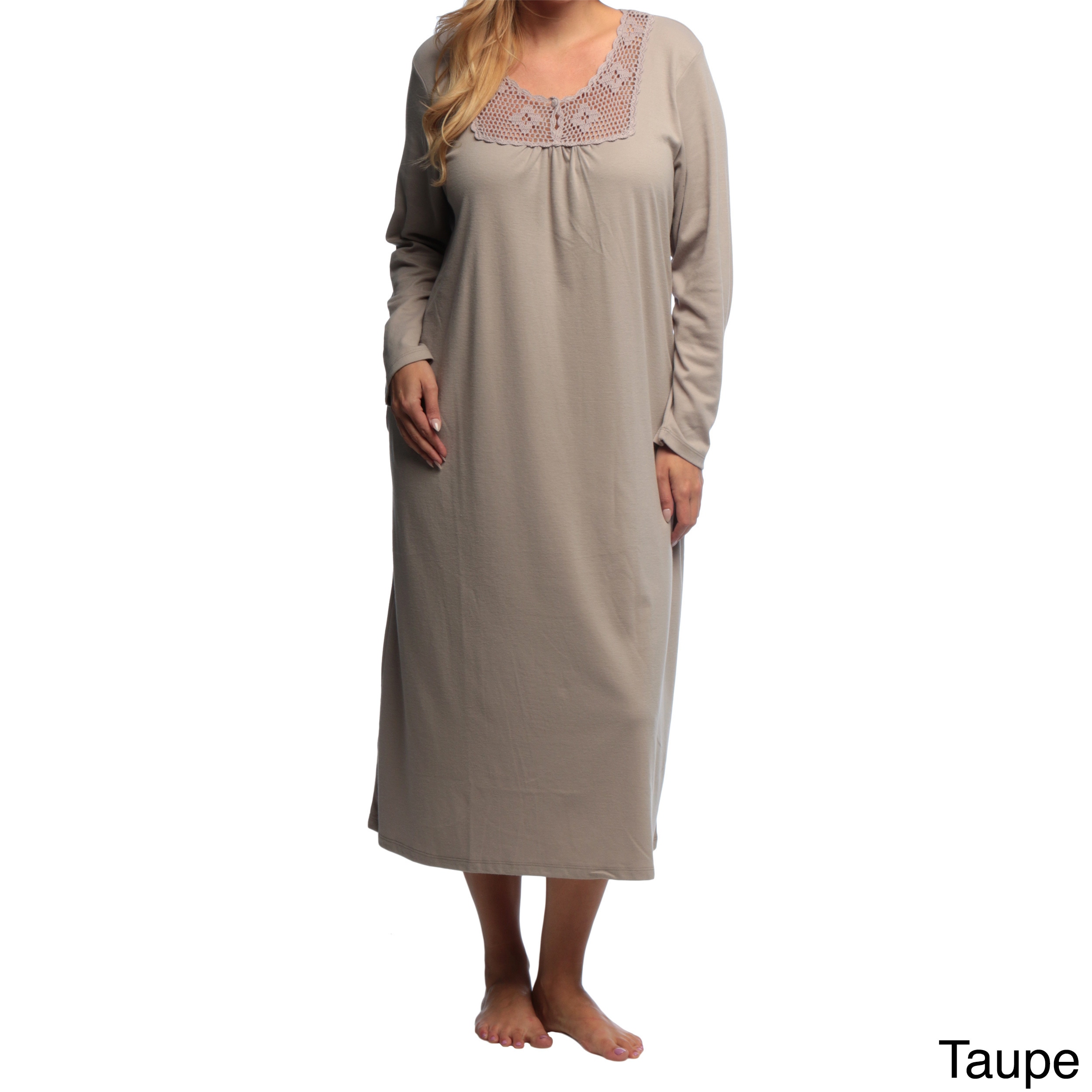 La Cera La Cera Womens Plus Size Long Sleeve Crochet Yoke Nightgown Ivory Size 1X (14W  16W)