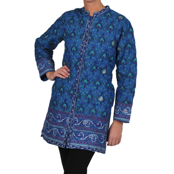 Shop La Cera Women's Blue Quilted Kneelength Cotton Jacket Free