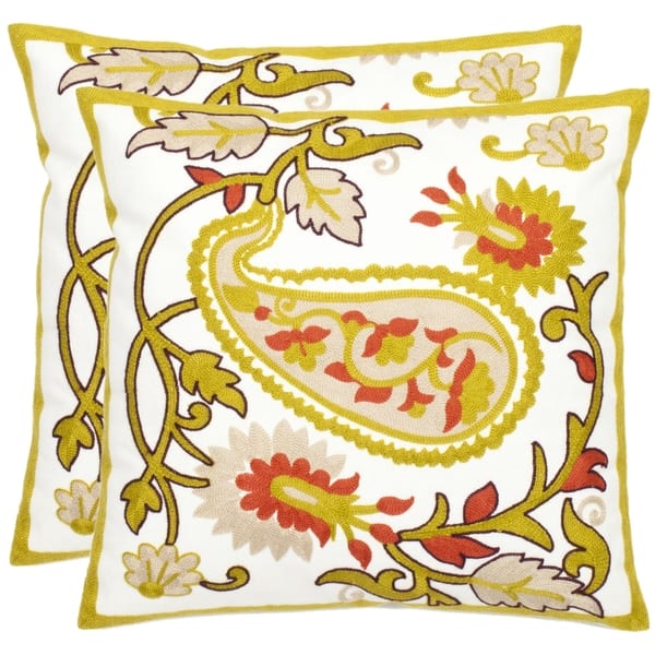 slide 2 of 1, SAFAVIEH Paisley Motif 18-inch White/ Olive Decorative Pillows (Set of 2)