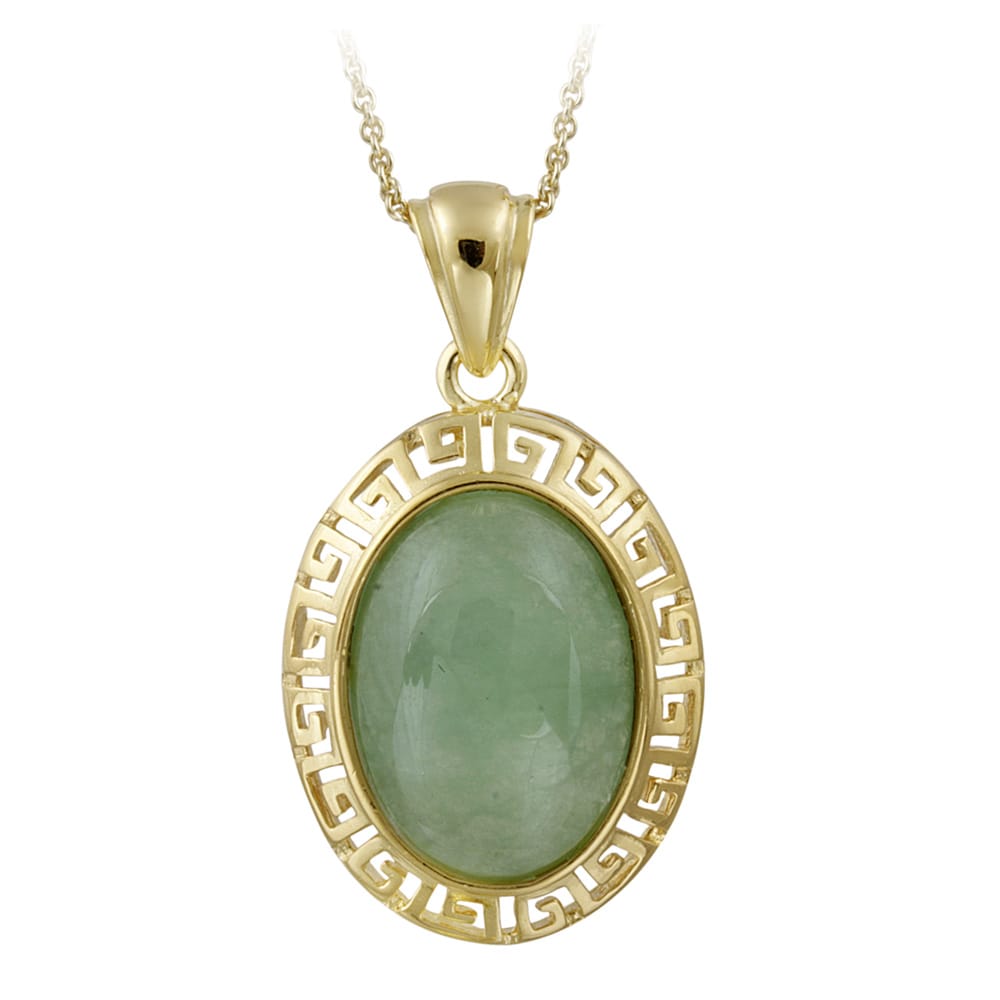 Glitzy Rocks 18k Gold over Sterling Silver Oval Green Jade Greek Key