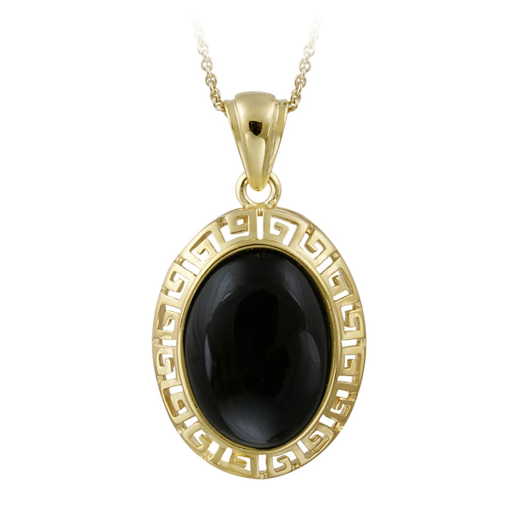 Glitzy Rocks 18k Gold over Sterling Silver Oval Onyx Greek Key