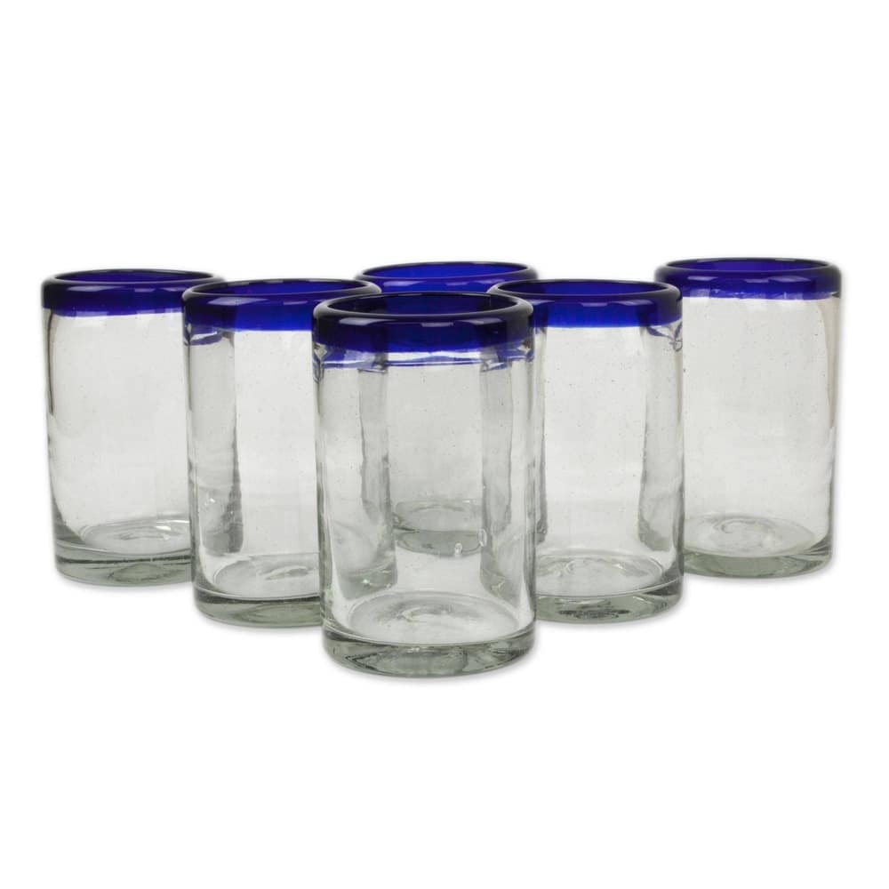 Handmade Blue Rim Glass Classic Drinking Set of 6 Glasses (Mexico)