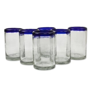 Handmade Blue Rim Glass Classic Drinking Set of 6 Glasses (Mexico)