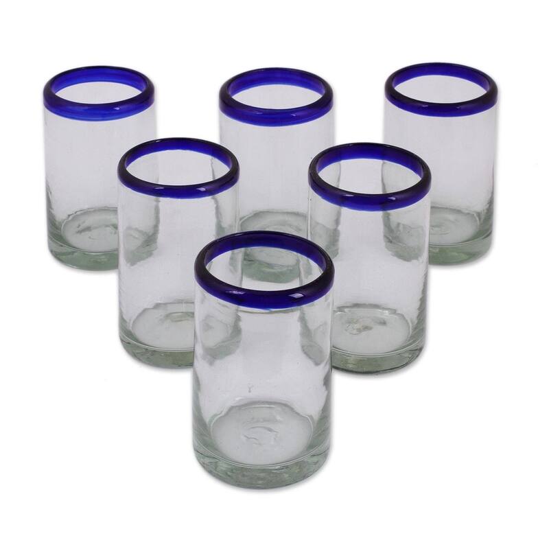 Handmade Blue Rim Glass Classic Drinking Set of 6 Glasses (Mexico) - Clear - 6 Piece