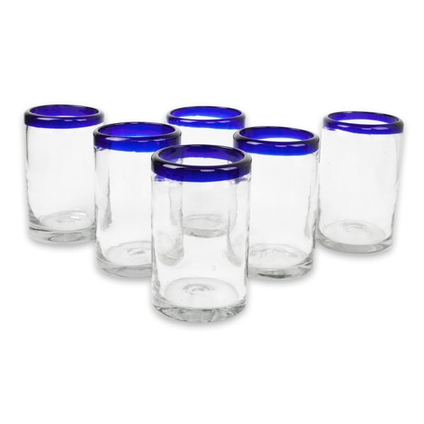 Set of 6 Blue Rim Handmade Glass Classic Drinking Glasses (Mexico ...