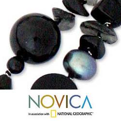 Silver 'Opulent Black' Onyx Pearl Necklace (8 mm) (Thailand) Novica Necklaces