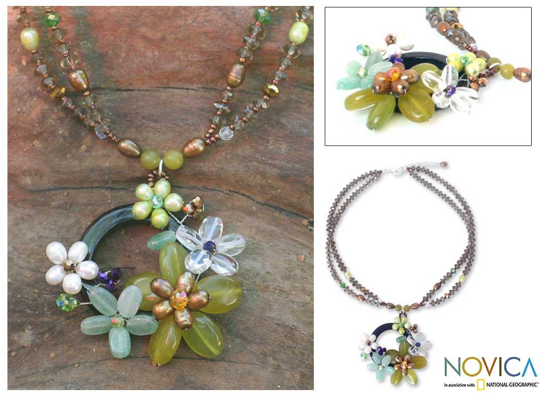 Handmade Sterling Silver 'Floral Moon' Pearl Necklace (4.5 - 8 mm) (Thailand)