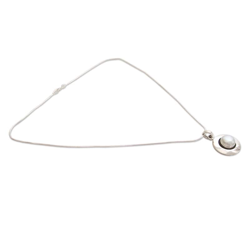 NOVICA Handmade Sterling Silver Jaipur Magic Moon Pearl Snake Style Pendant Necklace (8 mm) (India) - White