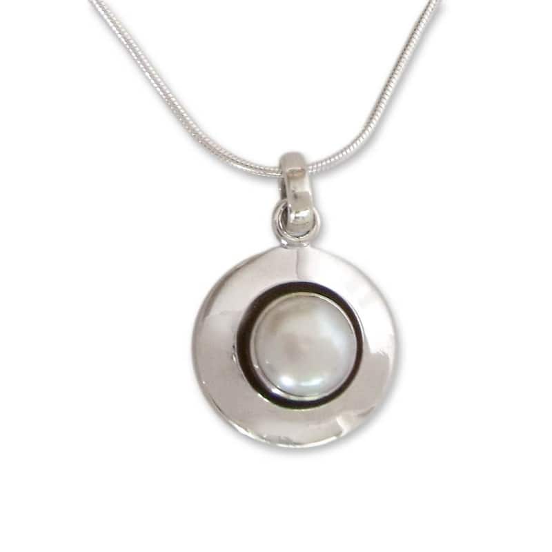 NOVICA Handmade Sterling Silver Jaipur Magic Moon Pearl Snake Style Pendant Necklace (8 mm) (India) - White