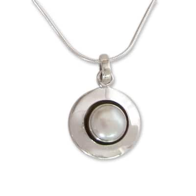 NOVICA Handmade Sterling Silver Jaipur Magic Moon Pearl Snake Style Pendant Necklace (8 mm) (India) - White