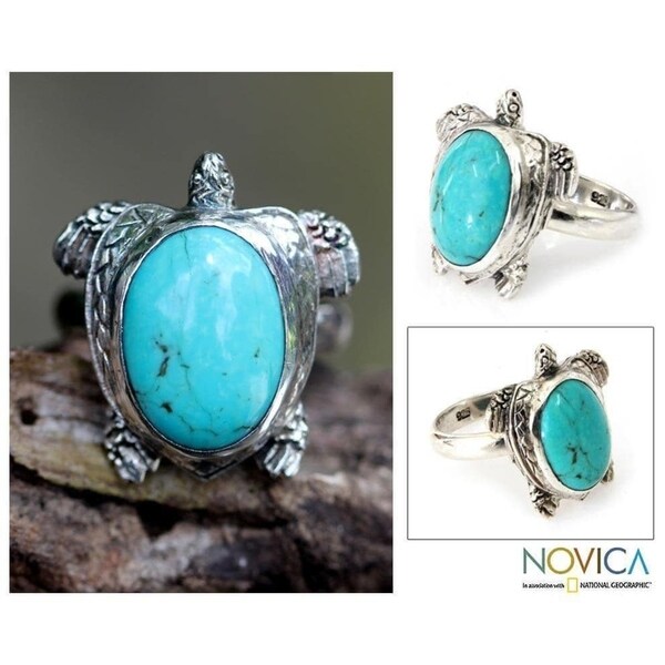 Handmade Sterling Silver Men's 'Chelonia Turtle' Turquoise Ring (Indonesia) - Blue