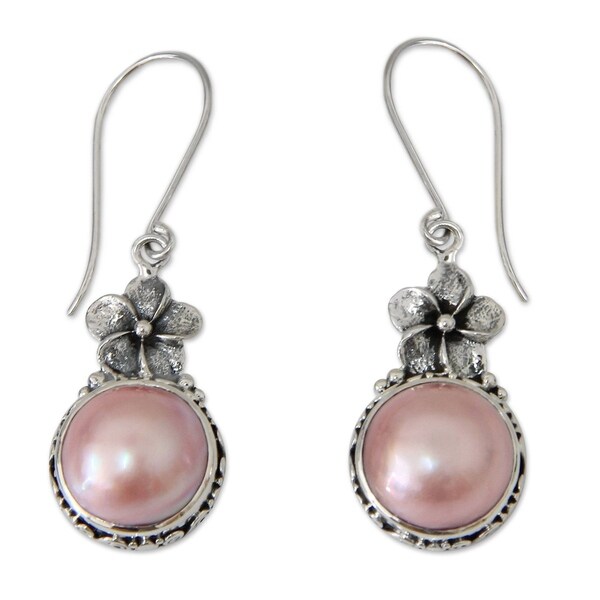 NOVICA Handmade Pink Frangipani Sterling Silver Dangle Earrings (Indonesia). Opens flyout.