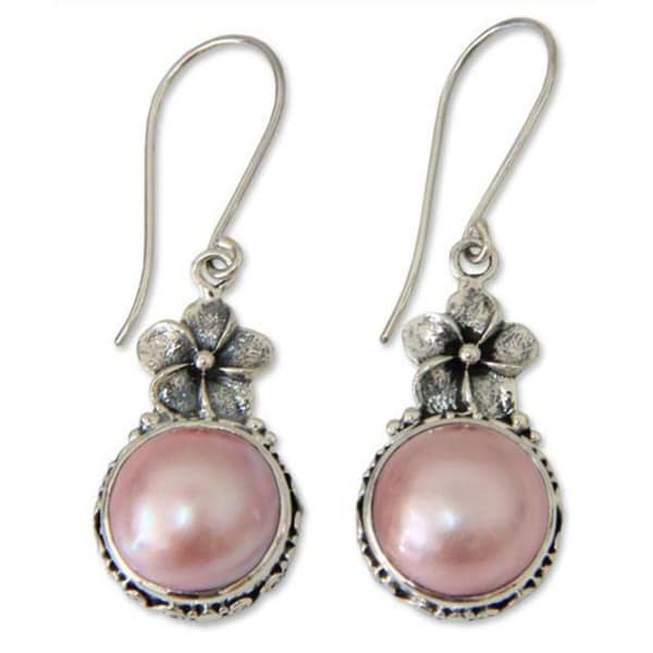 Handmade Pink Frangipani Vintage Style Antique Freshwater Pink Pearls .925 Sterling Silver Dangle Earrings (Indonesia)