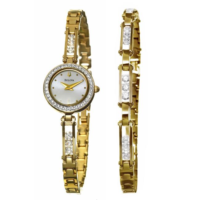 Bulova Womens Crystal Goldplated Steel Watch and Bracelet Set