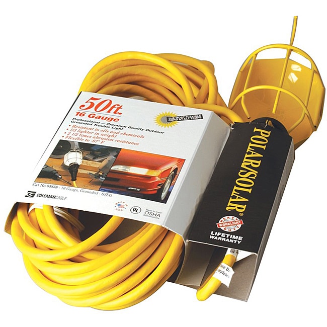 Coleman Cable Yellow Trouble Light (YellowBulb type IncandescentVoltage 125 voltsAmps 15 ampsConductor Size 114/3 AWGCable markingSJEOCord length 25 feetGuard material Vinyl coated metal )