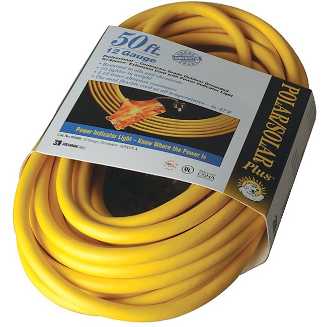 Coleman Cable Tri source Yellow Multiple Outlet Extension Cord (YellowNumber of outlets Three (3)Conductor size 112/3 AWGCable marking SJEOW125 volts15 ampsWithstanding voltage 300 voltsOperating tempature minimum  67 FahrenheitLength 50 feet )