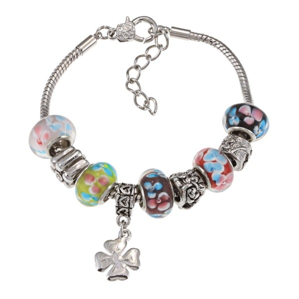 La Preciosa Silvertone Multi-Colored Flower Bead and Clover Charm Bracelet