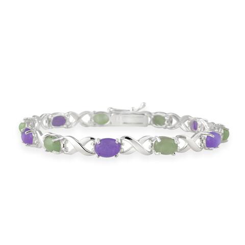 Glitzy Rocks Sterling Silver X and O Green and Lavender Jade Bracelet