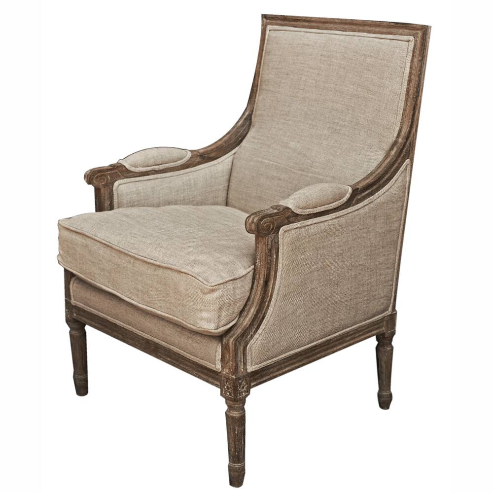 Casual Living Weathered Vintage French Upholstered Linen Wooden Arm Chair with Fluted Legs
