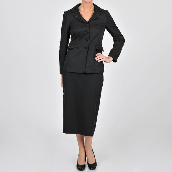 Emily Women's Plus Size Black Embroidered 4-button Skirt Suit ...