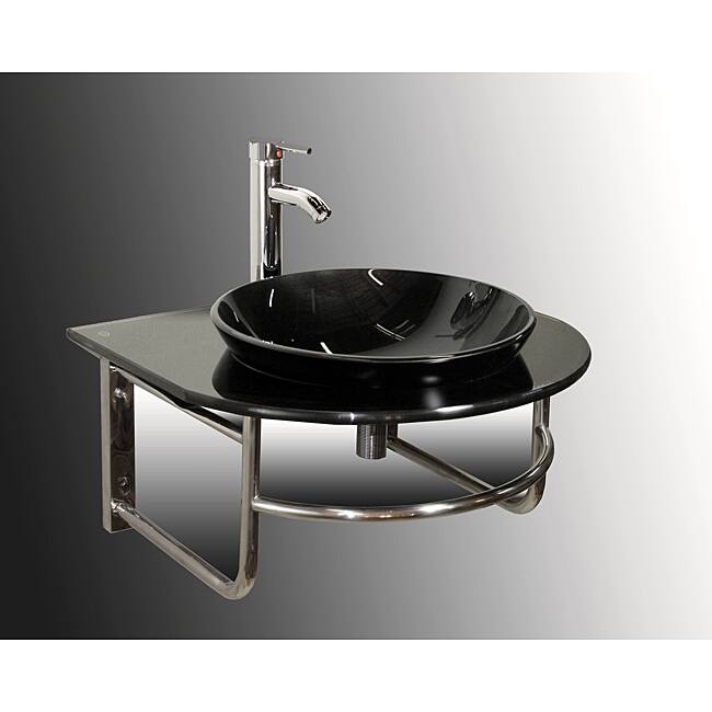 Wall-mount Black Glass Bathroom Vanity Set