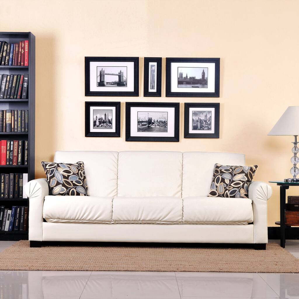 Portfolio Rio Convert-a-Couch Almond Renu Leather Rolled Arm Futon Sofa Sleeper