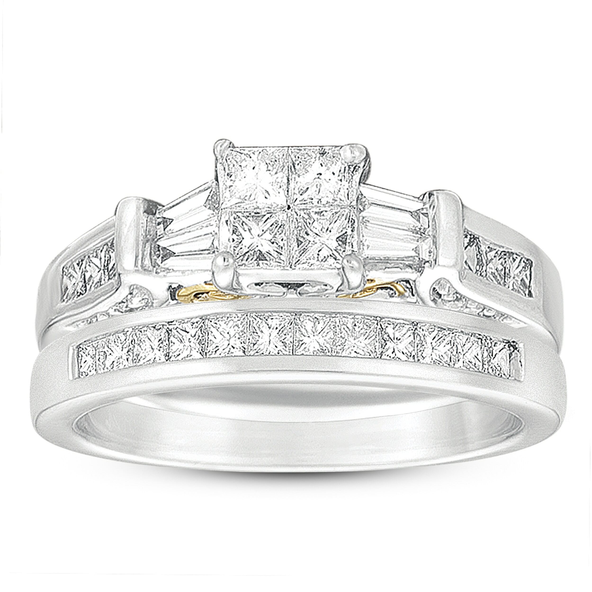 14k Two-Tone Gold 1ct TDW Princess and Baguette Cut Diamond Bridal Set ...
