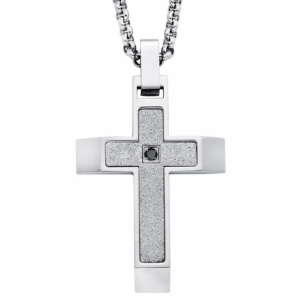 Stainless Steel Men's Black Diamond Accent Cross Necklace - 14018803 ...