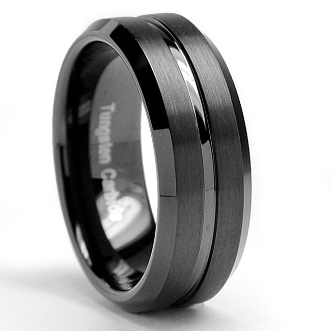 Men's Tungsten Carbide Brushed and Polished Black-plated Ring (8 mm ...