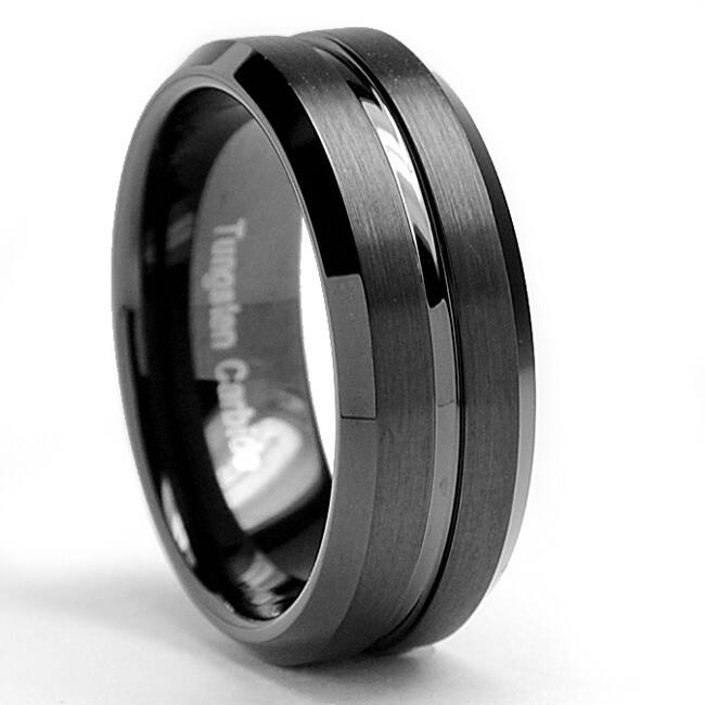 Mens Tungsten Brushed Polished Black-plated Ring (8 mm)