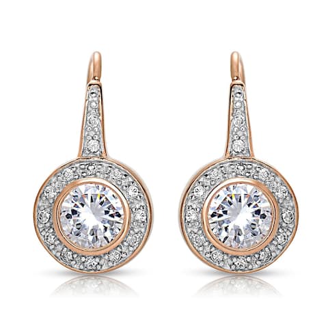 Collette Z Sterling Silver with Rhodium Plated Clear Round Cubic Zirconia Bezel Halo Dangle Earrings