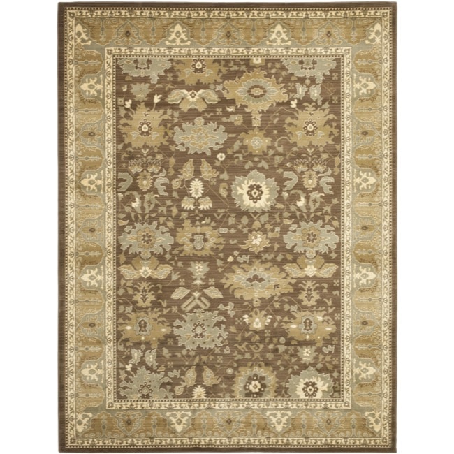 Oushak Brown/ Green Powerloomed Rug (67 X 91)