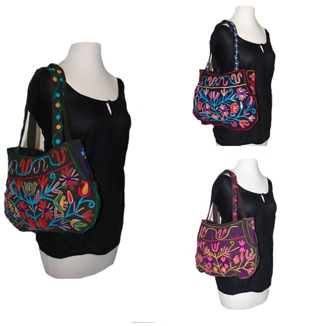 Colorful Hand-embroidered Zipper-entry Cotton Shoulder Bag (Nepal)