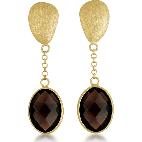 Collette Z Gold over Silver Smokey Quartz Oval Dangle Earrings
