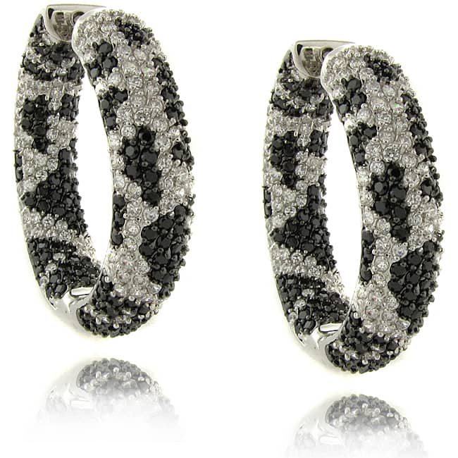 Dolce Giavonna Brass Black and White Cubic Zirconia Python Print Hoop Earrings