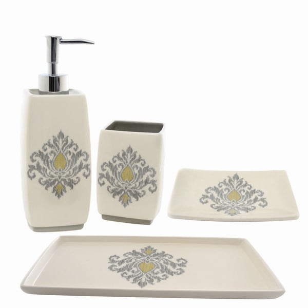 Waverly Bedazzled Gray Ceramic Four piece Bath Accessory Set