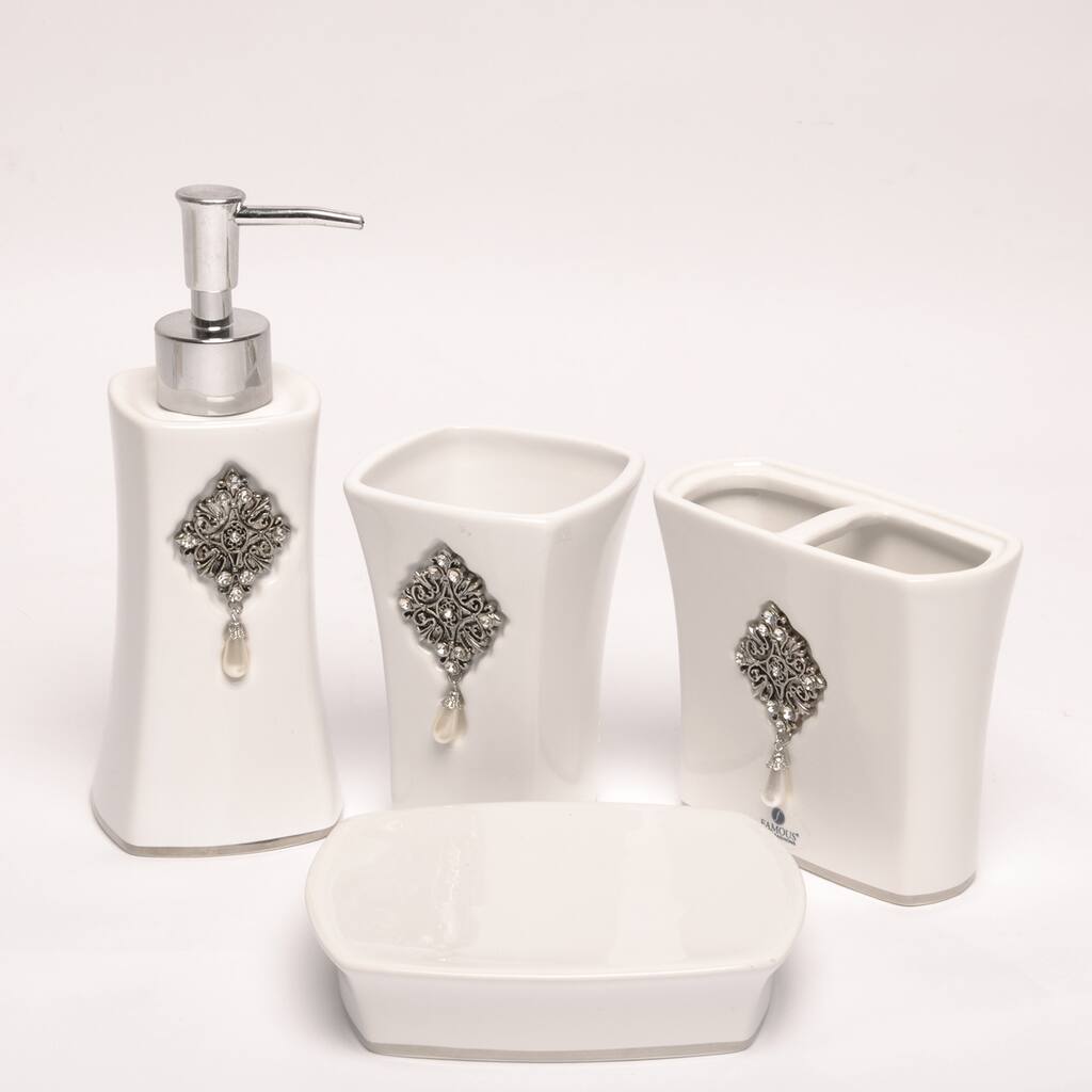 Jewel White Boutique Faux-jewel Ceramic Bath Accessory 4-piece Set