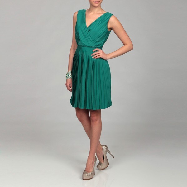 Miss Sixty Women's Emerald Pleated V neck Dress Miss Sixty Casual Dresses