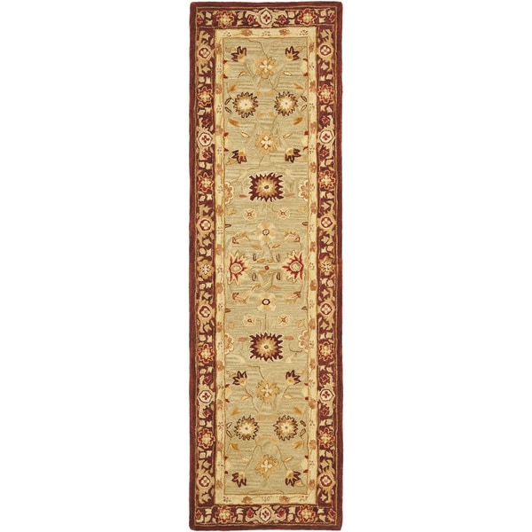 Hand made Farahan Sage/ Burgundy Hand spun Wool Rug (23 x 14)