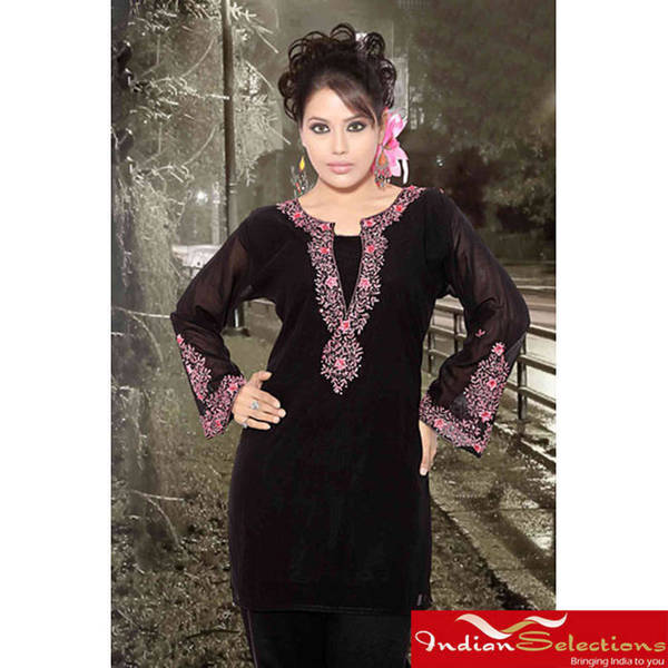 Handmade Black Long-sleeve Kurti/ Tunic with Designer Embroidery (India)