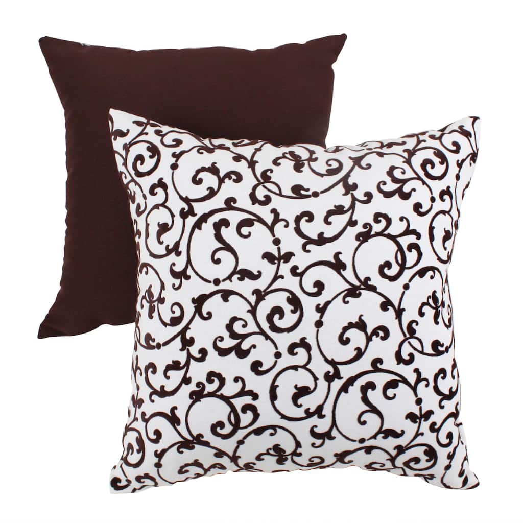 Pillow Perfect Brown Scroll Flocked Square Throw Pillow