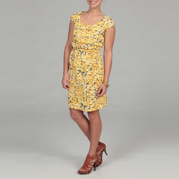 Gabby Skye Women's Yellow Floral Pleated Dress Casual Dresses