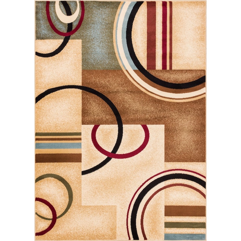 Well Woven Arcs Shapes Natural Modern Abstract Ivory, Beige, Brown, Blue Red Area Rug - 7' 10" x 9' 10"