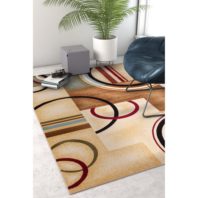 Well Woven Arcs Shapes Natural Modern Abstract Ivory, Beige, Brown, Blue Red Area Rug - 7' 10" x 9' 10"